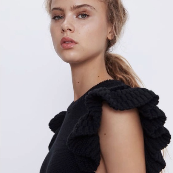 NWT Zara Heavy Knit Ruffle Sleeve Black Mini Dress - Picture 3 of 6